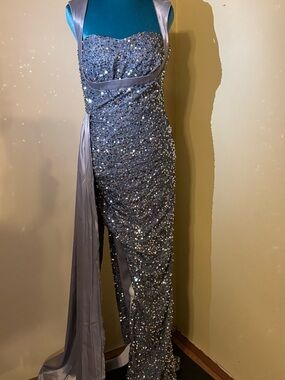 Silver Sequin Strapless Prom Gown with Draped Sash